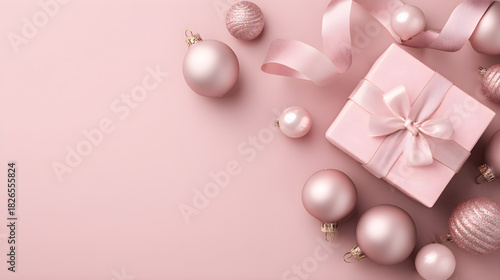 Elegant pink holiday layout with soft matte ornaments, satin ribbon, gift box in corner, large clean space for text 