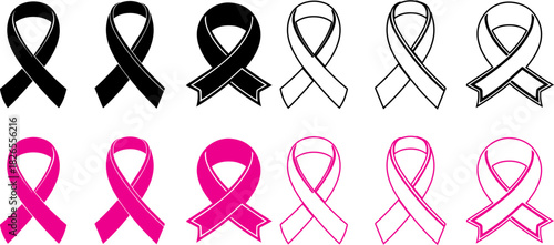 Awareness ribbon vector set: pink breast cancer and black solidarity symbols