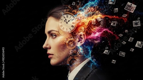 Abstract representation of a womans mind with a clock and colorful energy bursts.