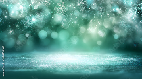 Fototapeta Naklejka Na Ścianę i Meble -  Emerald background with floating shimmering snowflakes, glowing bokeh lights, open empty area 
