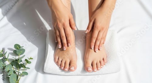 Woman's feet and hands with french manicure on white towel for spa and self-care