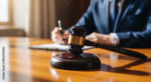Justice and law: gavel on desk with attorney writing legal document