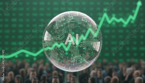 Transparent ai sphere floats before crowd and rising stock chart hinting at technology bubble hype and market risk