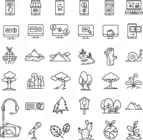 Diverse themed vector line icon collection finance nature technology