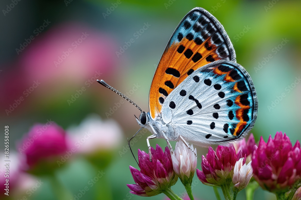 Obraz premium Butterfly with Orange and Blue Wings on Pink Flowers