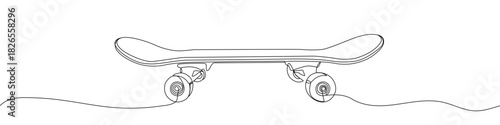 Continuous one line drawing of a classic skateboard with trucks and wheels. Editable black stroke on a white background. Vector illustration.