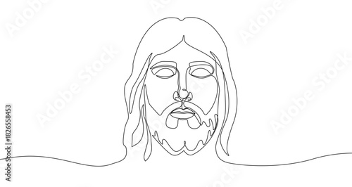 Continuous one line drawing of a bearded man's face with long hair. Editable black stroke on a white background. Vector illustration.