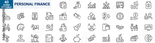 Personal Finance web line icons. Containing budget, savings, expense, income, tax, loan, statement, financial management, mortgage and more. Vector illustration
