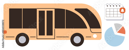 Modern city bus with a calendar and pie chart, representing public transport scheduling, urban planning, efficiency, time management, data analysis, mobility, and sustainable travel in a simple flat