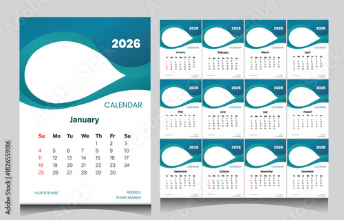 Calendar design for 2026. Week starts on Sun. Set of 12 calendar pages vector design print template with place for photo 