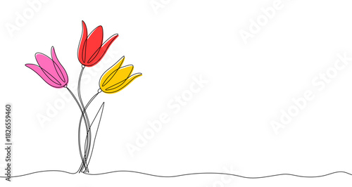Bouquet of three colorful tulips on stems in continuous one line art style. Flower sketch with editable black stroke on white background. Vector illustration.