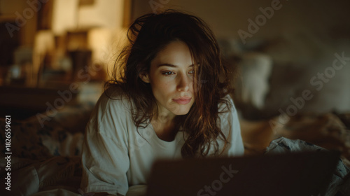 Woman with messy hair lying in bed looking at a laptop screen in a dimly lit room