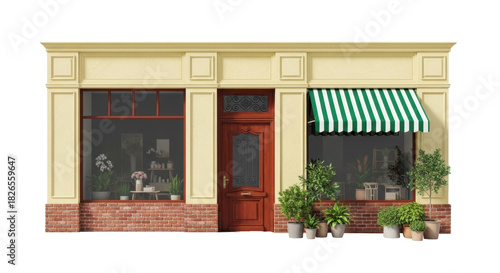 Isolated store shop front exterior design with wooden door and striped awning, no background