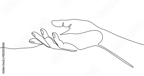 Outstretched hand palm up, gesture of giving or receiving, in continuous one line art style. Figure sketch with editable black stroke on white background. Vector illustration.