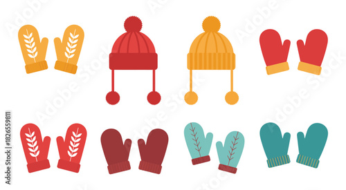 Colorful winter accessories collection featuring cozy hats and mittens in flat style, depicting knitted