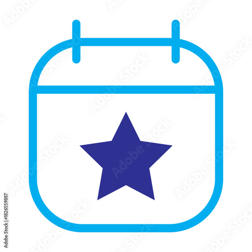Blue color icon of a calendar with star badge, soft colorful scheduling symbol.