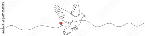 Flying dove of peace carrying small heart in continuous one line art style. Bird sketch with editable black stroke on white background. Vector illustration.