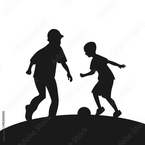 Flat vector silhouette of children two guys playing ball illustration flat design on light background