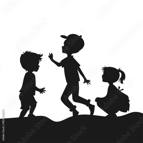Vector illustration flat black silhouette of children playing on the street three children on a light background