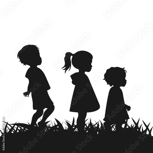 Black silhouette of children on a light background two children standing in the grass