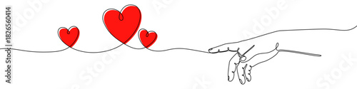 Hand holding continuous line forming three red hearts in one line art style. Figure sketch with editable black stroke on white background. Vector illustration.