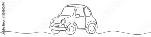 Small retro car in continuous one line art style. Car sketch with editable black stroke on white background. Vector illustration.