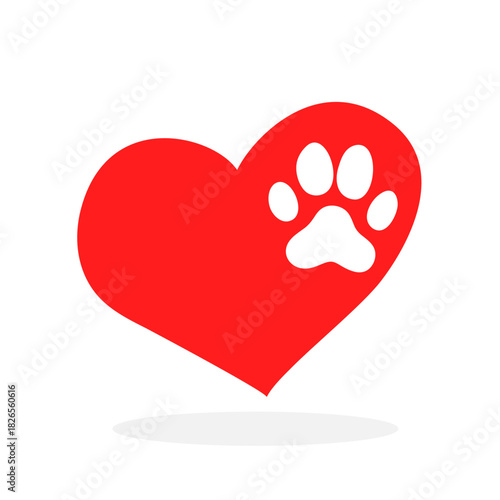 Silhouette of an animal paw print inside a red heart. Illustration of animal love with shadow. Vector illustration.