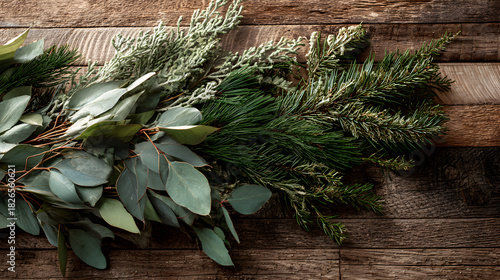 Evergreen holiday layout with natural textures, eucalyptus leaves and pine fillers on rustic wooden surface, open space 