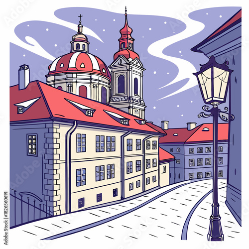 Prague Winter Street Illustration with Red Roofs and Snow