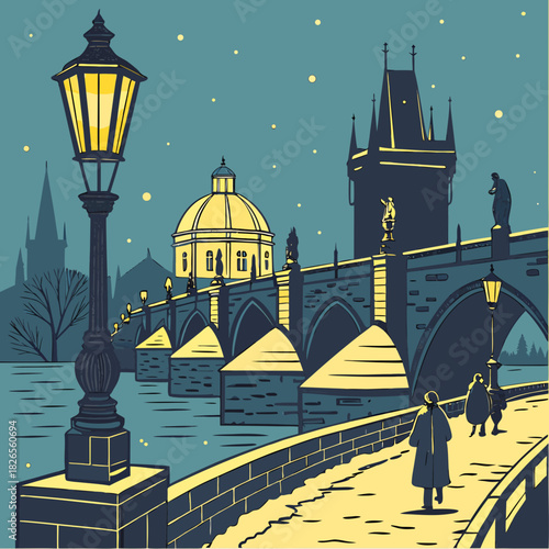 Charles Bridge Winter Night Illustration with Snow and Street Lamps