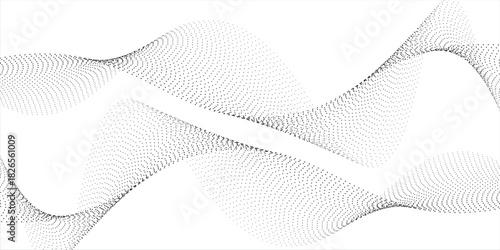 Flowing dots particles wave pattern halftone gradient curve shape isolated on white background. Vector in concept of technology, science, music, modern.