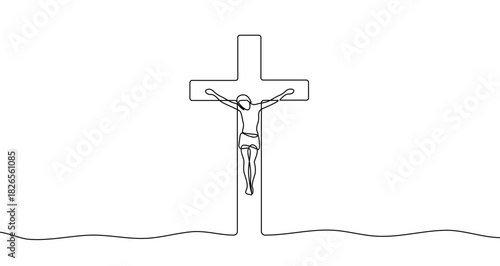 Drawing of Jesus Christ on the cross in one line art style. Religious illustration of the Crucifixion with editable stroke. Vector illustration.