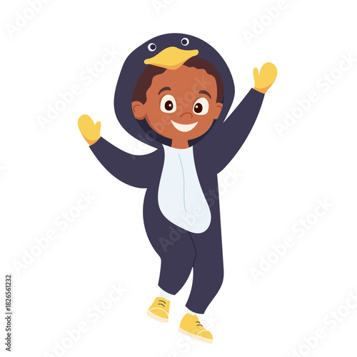 Smiling cartoon boy dressed in cozy penguin costume, waving and celebrating winter holidays. Fun playful character for kids designs, festive posters, party invitations Joyful flat vector illustration