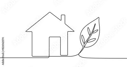 Silhouette of a house and a large leaf connected by one continuous line. Vector illustration.