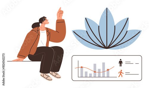 Person sitting and pointing upwards at a chart with graph under a stylized growth motif. Ideal for productivity, growth, business strategy, innovation, insight, personal development, simple flat