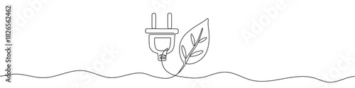 Electric plug connected to a leaf in one line art style. Symbol of green energy with editable black stroke. Vector illustration.
