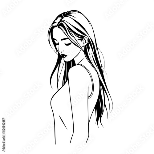 “A clean, monochrome vector illustration of a young woman in three-quarter view, her gaze cast downward. She wears a simple sleeveless top, and her long hair flows gracefully behind her. Soft, even li