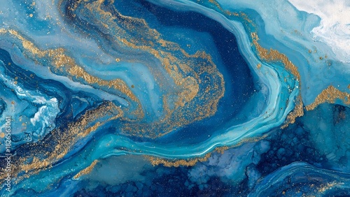 Fototapeta Naklejka Na Ścianę i Meble -  Blue marble and gold abstract background texture. Indigo ocean blue marbling with natural luxury style swirls of marble and gold powder.