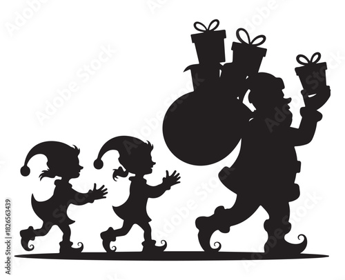 Santa Claus silhouette carrying a sack of gifts followed by two elves vector illustration for Christmas and holiday season designs