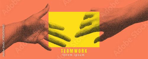 Hands reaching towards each other. Business agreement and cooperation. Teamwork concept. Modern art with grain effect. Gritty noise monochrome texture. Vector stipple illustration