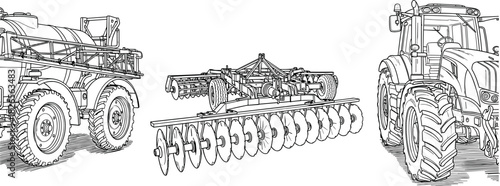 Technical Line Art Drawing of Agricultural Farm Machinery Set, Including Tractor, Field Sprayer, and Heavy-Duty Disk Harrow Equipment, Outline Illustration