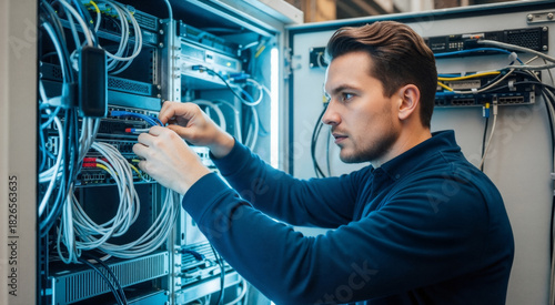 Wallpaper Mural Male IT engineer installing network cables in a server rack. Professional technician working on edge computing hardware in a data center Torontodigital.ca