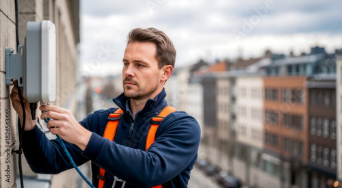 Male technician installing 5G antenna on a building wall. Telecommunications worker connecting cable to outdoor repeater. Network infrastructure maintenance concept
