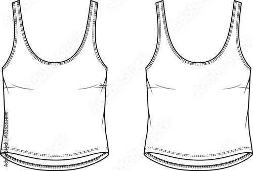 Women's basic scoop neck camisole or tank top fashion technical flat sketch template, featuring front and back views for apparel design and vector illustration