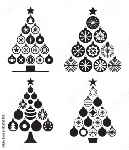 Set of Christmas tree illustrations decorated with ornaments and star toppers vector design for holiday season greetings and decorations