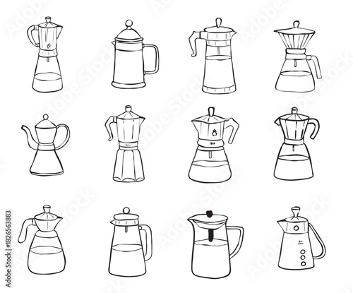 Coffee Makers Line Art Set – Hand-Drawn Moka Pots & Kettles Illustration