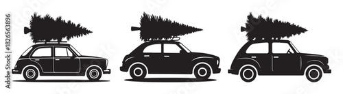 Silhouette of classic cars carrying Christmas trees on the roof vector illustration for holiday season isolated on white background