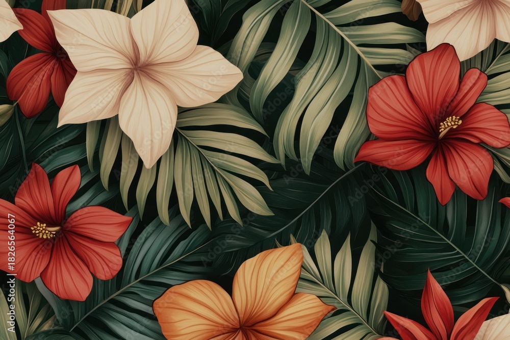 Fototapeta premium Tropical floral pattern with vibrant colors and green leaves