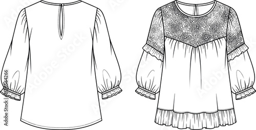 Women's lace yoke peasant blouse technical flat sketch template with three-quarter balloon sleeves, ruffled cuffs, and back keyhole opening vector