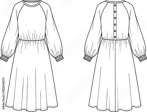 Women's long sleeve midi raglan dress fashion technical flat sketch template with gathered waist and button back vector illustration